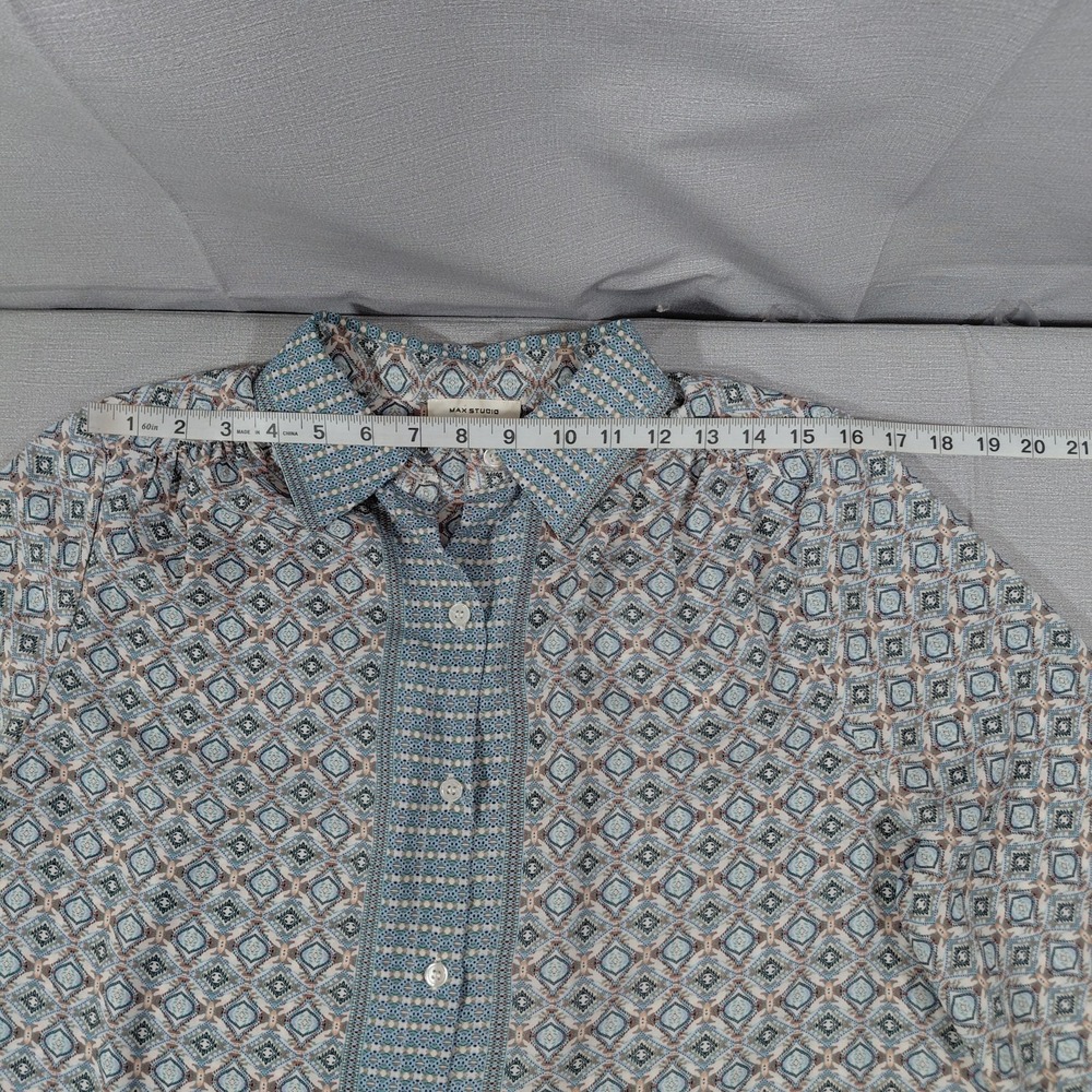 Max Studio Semi Sheer Chiffon Button Up Long Sleeve Blouse LG Geometric Blue - Picture 7 of 10